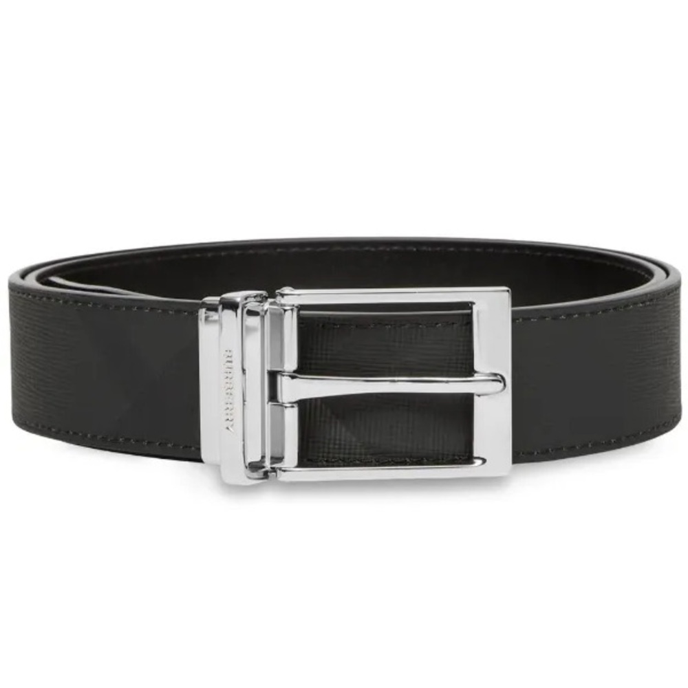 Burberry Reversible Check/Black Leather Belt with Silver Buckle